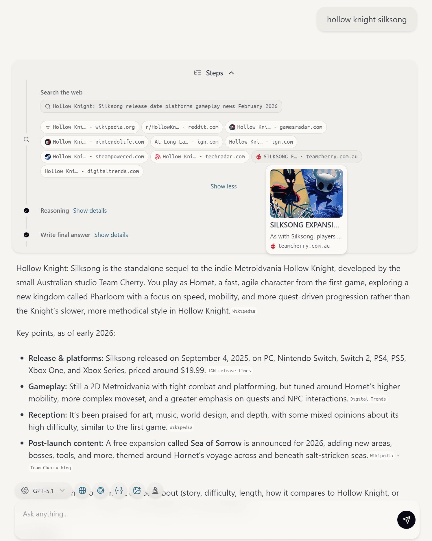 dim0 AI assistant panel with web search and reasoning steps